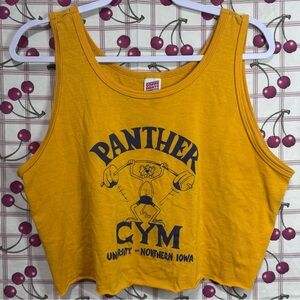 Vintage Soffe Yellow Panther Gym University of Northern Iowa Cropped Muscle Tee
